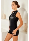 Sıfır Kol Şortlu Fermuarlı Sörfçü Mayo Yüzücü Mayo 4161 Siyah