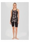 Desenli Biye Süslemeli Askılı Yarı Kapalı Mayo - Siyah -