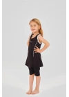 Tenis Baskı Süslemeli Sıfır Kol Şort Taytlı Kız Çocuk Mayo 24105 Siyah