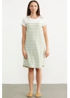 Düğme Detaylı Çizgili Penye Elbise - Yeşil