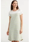 Düğme Detaylı Çizgili Penye Elbise - Yeşil