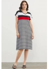 77346 Sıfır Yaka Midi Boy Çizgili Marine Elbise