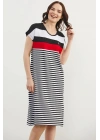 77346 Sıfır Yaka Midi Boy Çizgili Marine Elbise
