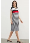 77346 Sıfır Yaka Midi Boy Çizgili Marine Elbise