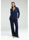 Boydan Düğmeli, Uzunkol Desenli Pijama Takım, Kutulu Çeyizlik Pijama Takım, %96 Viskon