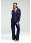 Boydan Düğmeli, Uzunkol Desenli Pijama Takım, Kutulu Çeyizlik Pijama Takım, %96 Viskon