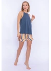 Çizgili Denim Mavisi Kadın Askılı Şort Takım