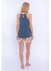 Çizgili Denim Mavisi Kadın Askılı Şort Takım