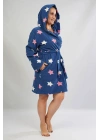 Kadın Büyük Beden Polar Kapüşonlu Kısa İndigo Sabahlık C9T7N1O301