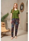 25129 Kadın V Yaka Kısa Kollu Desenli Pantolon Takım