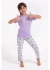 Eat Sleep Coffee Repeat Lila Kız Çocuk Pijama Takımı