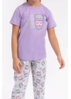 Eat Sleep Coffee Repeat Lila Kız Çocuk Pijama Takımı