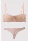 Pudra 4703 Verona Balenli Soft Push Up Dantel Straplez Fantezi Iç Çamaşır Takımı