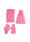 Üçlü Takım Garson Boy Pembe Atkı Bere Eldiven Set Taşlı Ponponlu Tüylenme Yapmaz