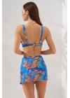 3lü Mavi Fra Batik Desenli Mini Yırtmaçlı Etek Bikini Takımı Üçgen Askılı Pedli Toparlayıcı