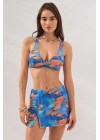 3lü Mavi Fra Batik Desenli Mini Yırtmaçlı Etek Bikini Takımı Üçgen Askılı Pedli Toparlayıcı