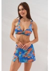 3lü Mavi Fra Batik Desenli Mini Yırtmaçlı Etek Bikini Takımı Üçgen Askılı Pedli Toparlayıcı