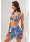 3lü Mavi Fra Batik Desenli Mini Yırtmaçlı Etek Bikini Takımı Üçgen Askılı Pedli Toparlayıcı