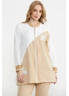 Fermuar Kapamalı Nakışlı Tunik Takım - Bej