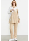 Fermuar Kapamalı Nakışlı Tunik Takım - Bej