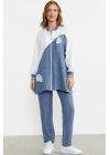 Fermuar Kapamalı Nakışlı Tunik Takım - Indigo