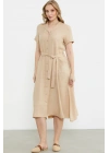 Keten Görünümlü Cepli Gömlek Elbise - Bej