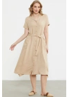 Keten Görünümlü Cepli Gömlek Elbise - Bej