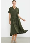 Keten Görünümlü Cepli Gömlek Elbise - Haki