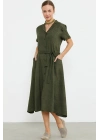Keten Görünümlü Cepli Gömlek Elbise - Haki