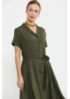 Keten Görünümlü Cepli Gömlek Elbise - Haki