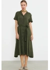 Keten Görünümlü Cepli Gömlek Elbise - Haki