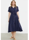 Keten Görünümlü Uzun Gömlek Elbise - Lacivert