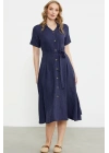 Keten Görünümlü Uzun Gömlek Elbise - Lacivert