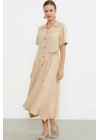 Keten Görünümlü Uzun Gömlek Elbise - Bej