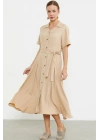 Keten Görünümlü Uzun Gömlek Elbise - Bej