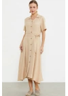 Keten Görünümlü Uzun Gömlek Elbise - Bej