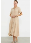 Keten Görünümlü Uzun Gömlek Elbise - Bej