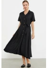 Keten Görünümlü Uzun Gömlek Elbise - Siyah