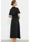 Keten Görünümlü Uzun Gömlek Elbise - Siyah