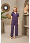 25109 Kadın V Yaka Kısa Kollu Bol Paçalı Pijama Takım
