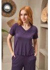 25109 Kadın V Yaka Kısa Kollu Bol Paçalı Pijama Takım