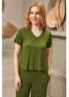 25109 Kadın V Yaka Kısa Kollu Bol Paçalı Pijama Takım
