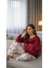 Bordo Kadın Ucu Dantelli Pijama Takım
