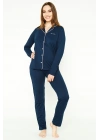 Classic Lacivert Kadın Gömlek Pijama Takımı