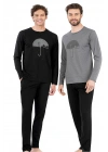 6070 Erkek Uzun Kollu Bisiklet Yaka Pijama Takımı-Siyah