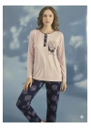 Yeni Sezon Kadın 3 Düğmeli Bisiklet Yaka Viskon Pijama Takımı 35924
