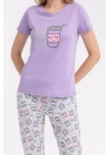 Eat Sleep Coffee Repeat Lila Kadın Pijama Takımı