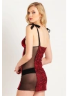 Kadın Bordo Dantel Brodeli Kadife Detaylı Tül Gecelik 7290