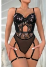 Kadın Siyah Transparan Çiçek Desenli Fantezi Babydoll - 8413B