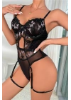 Kadın Siyah Transparan Çiçek Desenli Fantezi Babydoll - 8413B